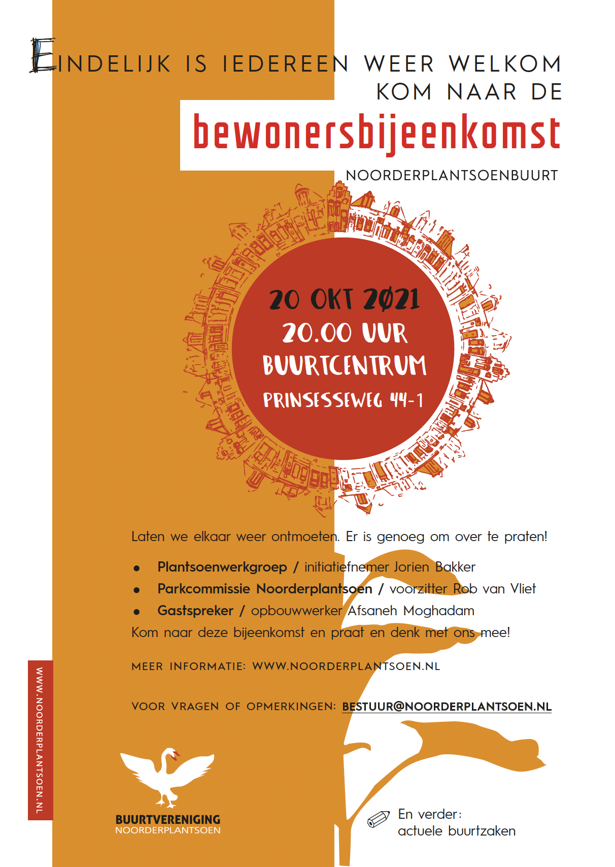 Affiche buurtbijeenkomst 20 oktober 2021 buurtcentrum prinsesseweg