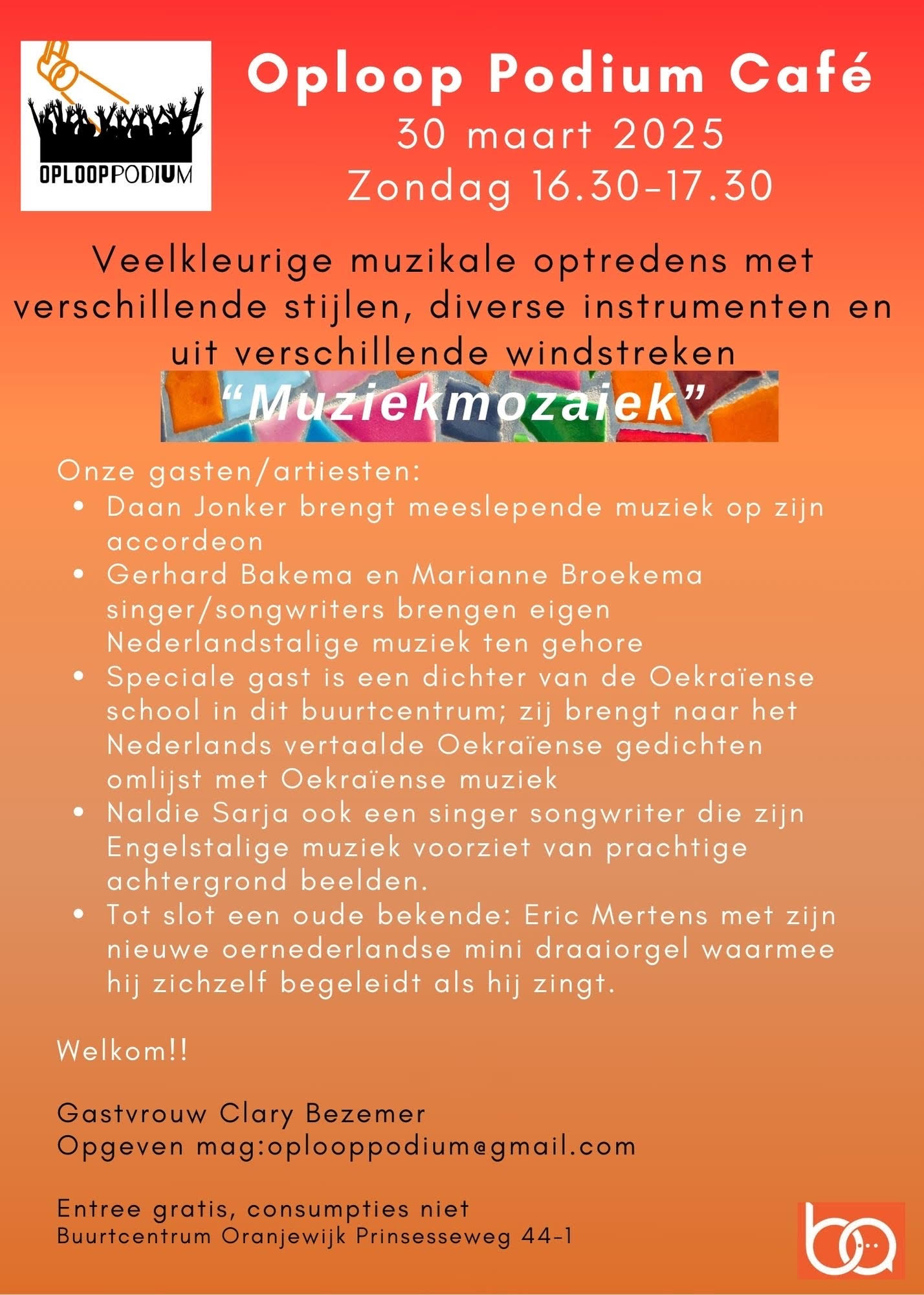 Oploop Podium Café 30 maart 16.30 uur